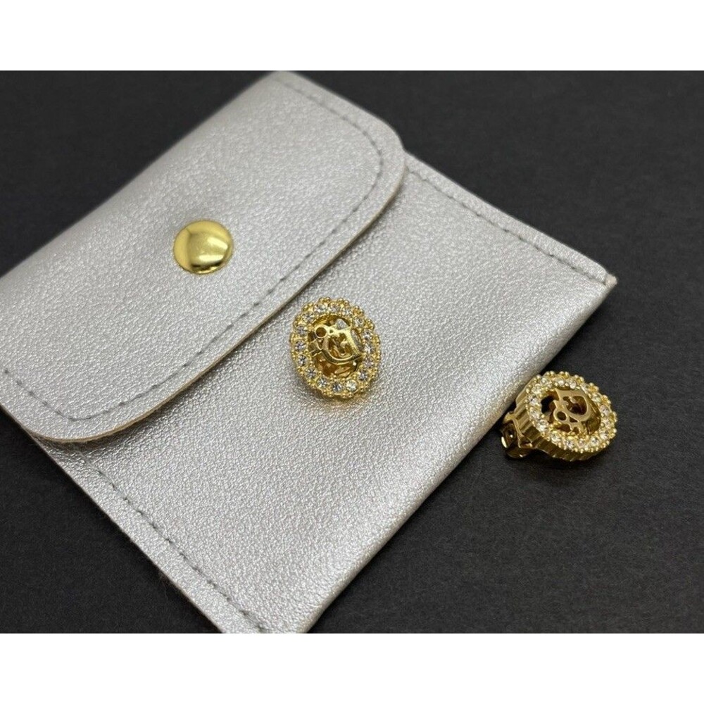 Authentic Christian Dior Logo Rhinestone Oval Gold Tone Earrings Clip on 9BL1106
